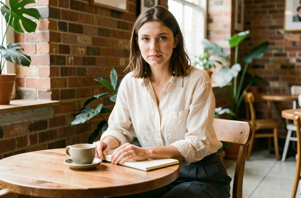 Jeune femme brune assise dans un café avec un carnet ouvert, portrait intimiste illustrant la vie quotidienne et l'intellectualité d'une actrice engagée
