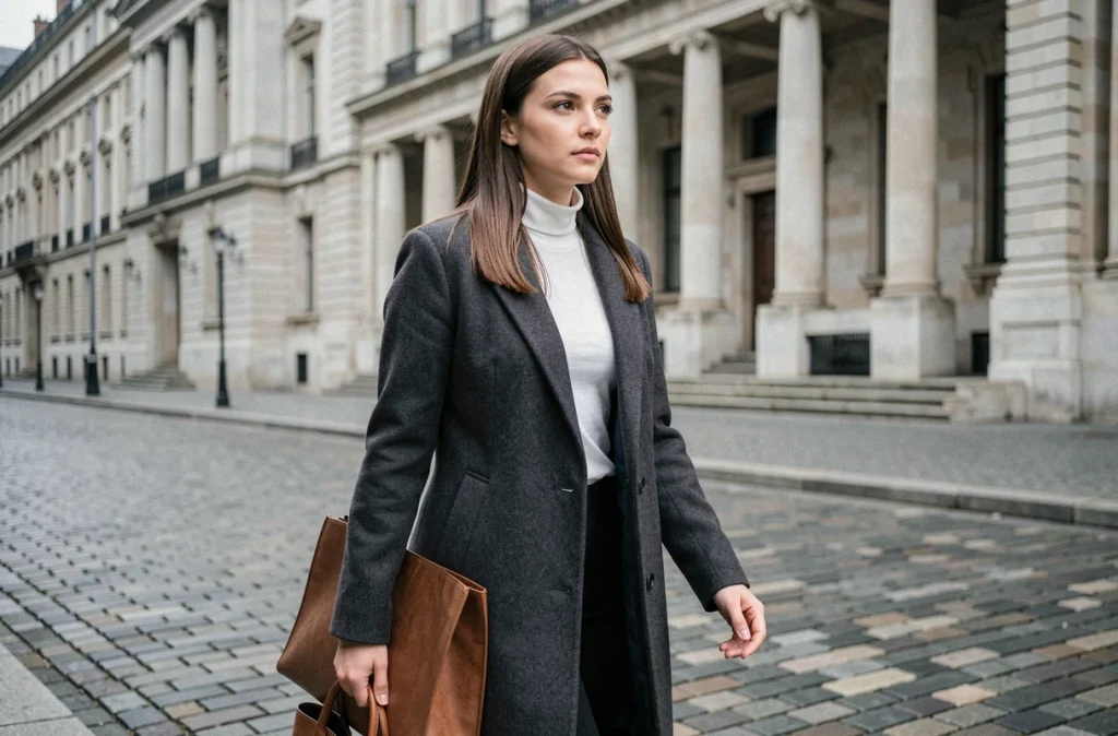 Jeune femme brune en manteau marchant devant une institution européenne, symbolisant l'engagement féministe et social d'une personnalité publique