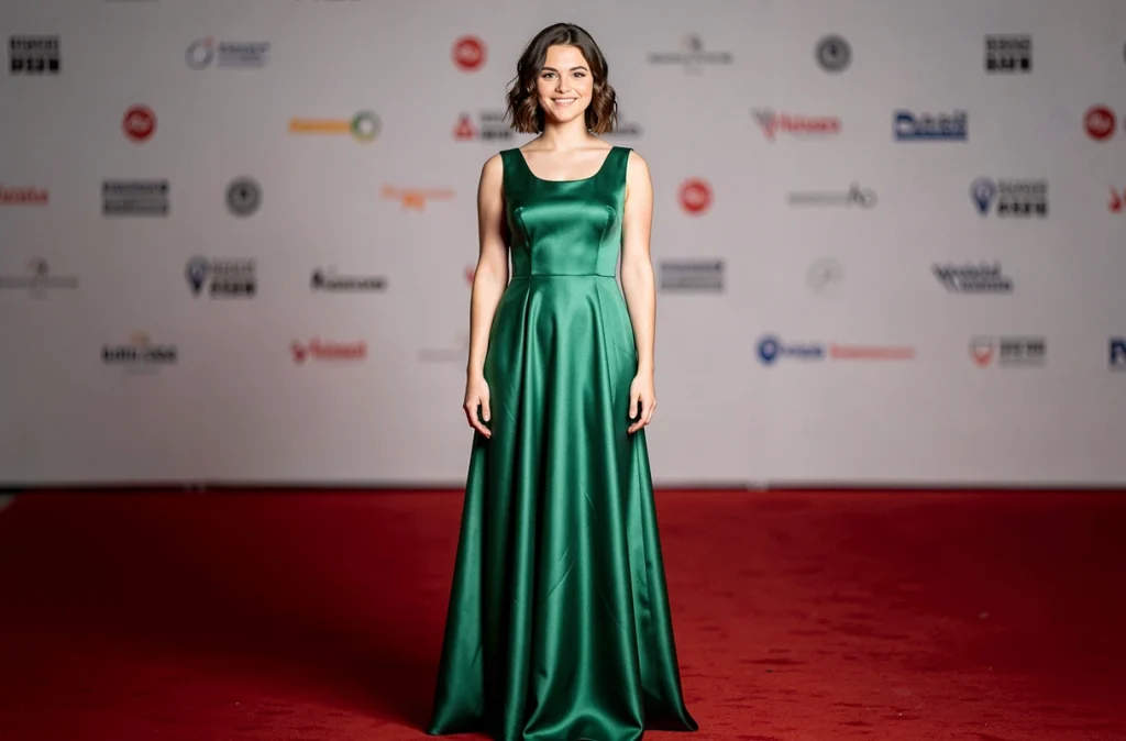 Jeune femme élégante en robe de soirée verte sur un tapis rouge, illustration d'une cérémonie cinématographique et de la carrière d'une actrice célèbre