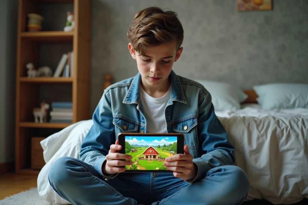 Adolescent jouant à un jeu de ferme mobile sur tablette dans sa chambre, illustrant les astuces de progression Hay Day
