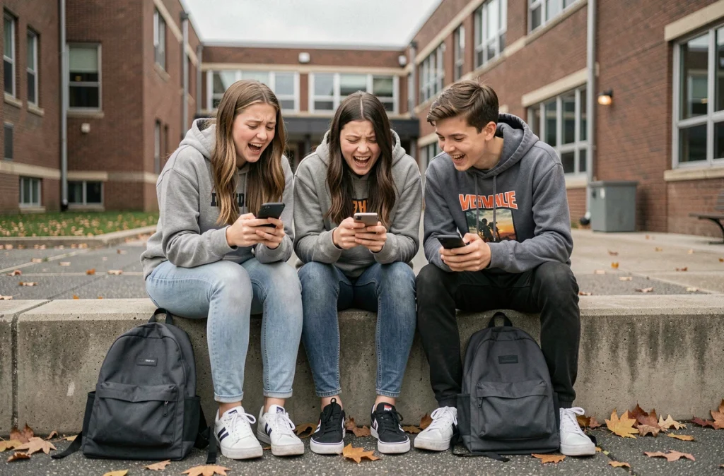 Trois adolescents dehors devant leur lycée réagissant avec amusement à une tentative ratée d'adulte d'utiliser le langage jeune