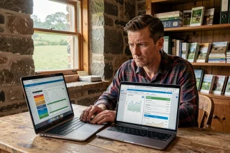 Agriculteur comparant deux logiciels de gestion agricole SimAgri sur des ordinateurs portables dans un bureau de ferme rustique