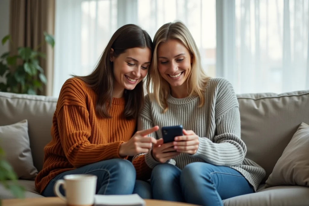 Deux amies partageant des astuces Hay Day sur smartphone dans un salon, souriantes et engagées dans la stratégie du jeu