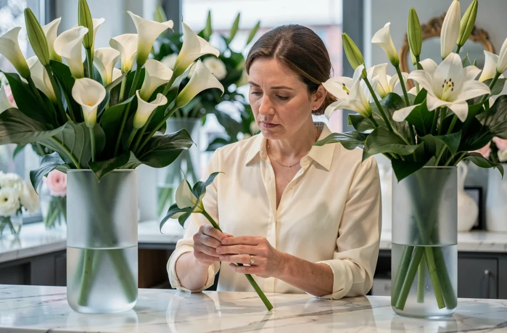 Boutique Arums et Des Lys avec des arums et lys blancs élégants dans des vases en verre givré