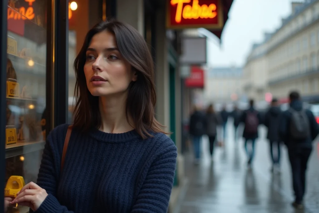 Femme consultant les prix du tabac à rouler Camel 30g devant un bureau de tabac parisien