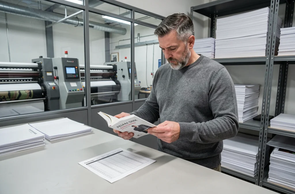 Auteur auto-édité examinant un livre broché imprimé dans une imprimerie professionnelle