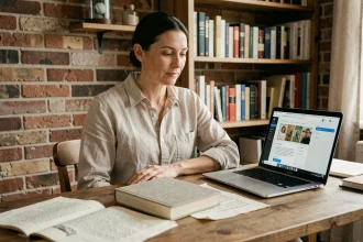 Femme auteure indépendante travaillant sur un manuscrit broché en auto-édition à son bureau