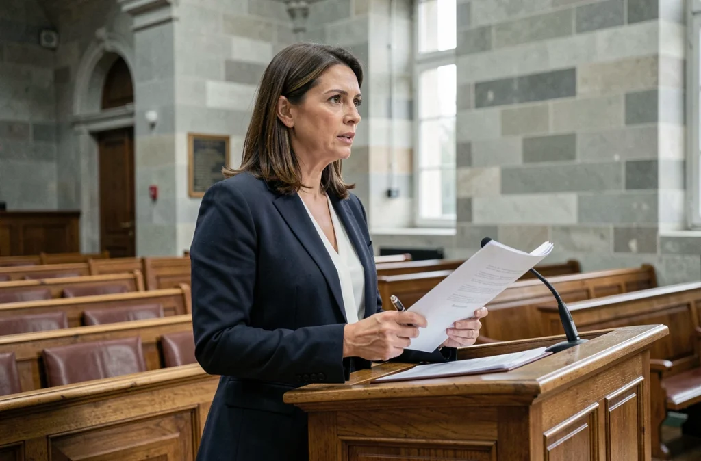 Avocate présentant ses arguments à la barre dans un tribunal civil, procédure judiciaire et décision de débouté