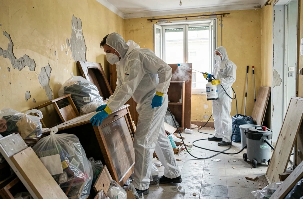 Spécialiste en débarras et assainissement en tenue de protection dans un logement marseillais dégradé
