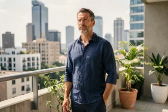 Homme en chemise bleue sur une terrasse urbaine symbolisant un nouveau départ et un tournant de vie en 2026