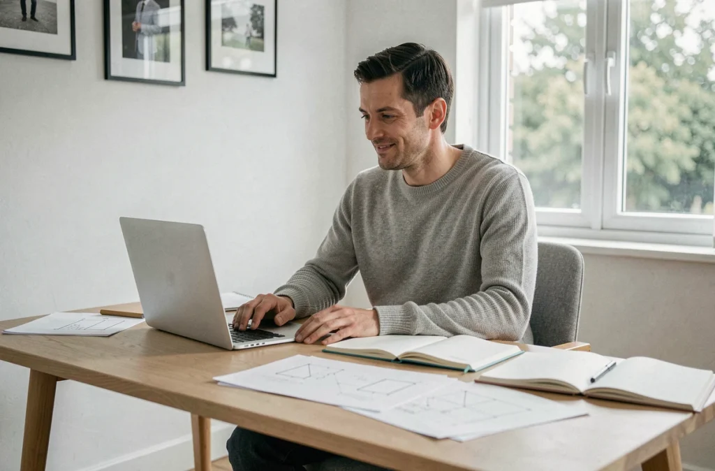 Homme planifiant ses projets de vie dans un bureau minimaliste, symbolisant reconstruction et ambition personnelle