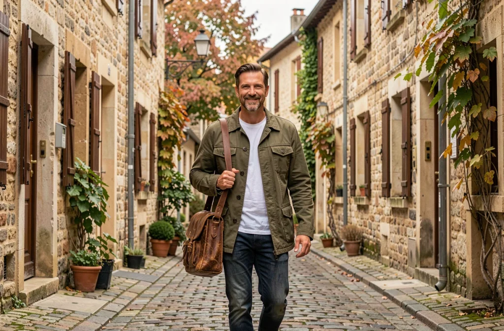 Homme marchant dans une rue pavée de village français avec un sac en cuir, évoquant rupture et reconstruction personnelle