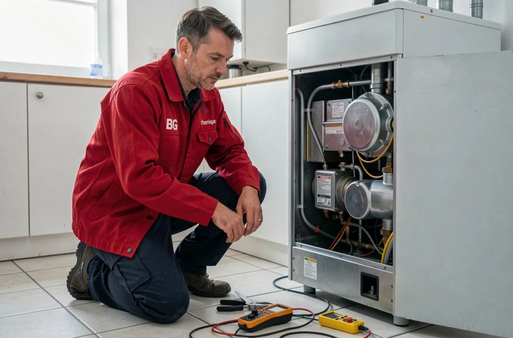 Technicien BG Thermique diagnostiquant une panne de chaudière à gaz dans les Deux-Sèvres