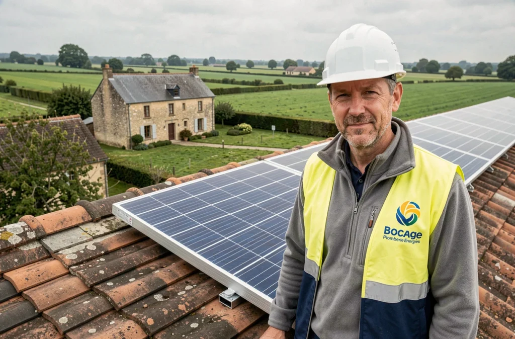 Technicien Bocage Plomberie Énergies installant des panneaux solaires thermiques dans le nord des Deux-Sèvres