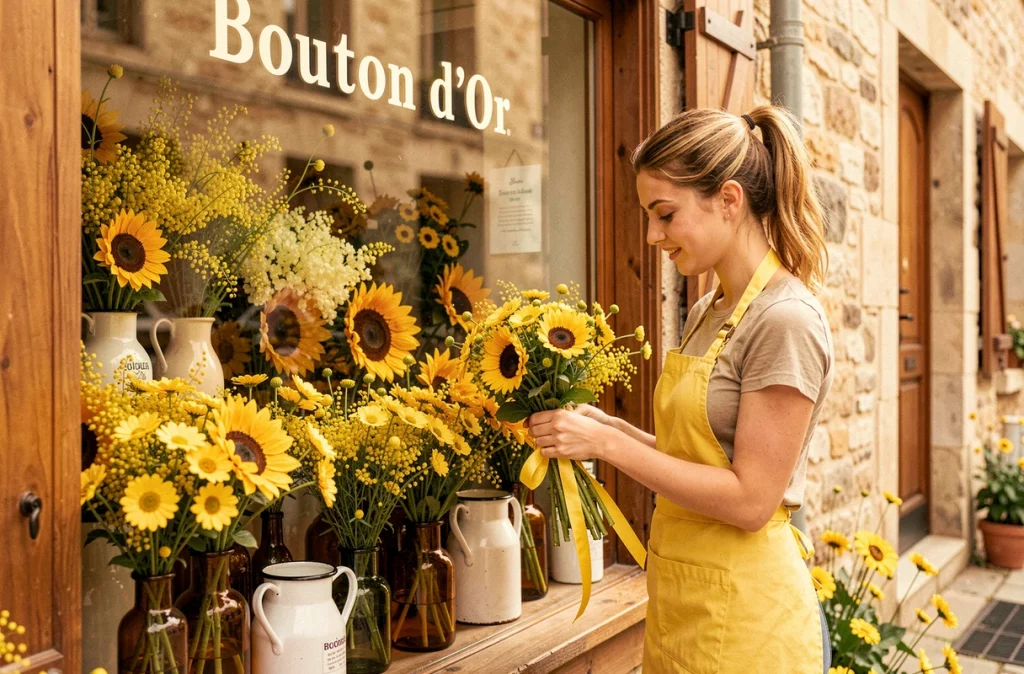 Boutique Bouton d'Or avec des boutons d'or et tournesols dans des bouteilles en verre ambré en vitrine