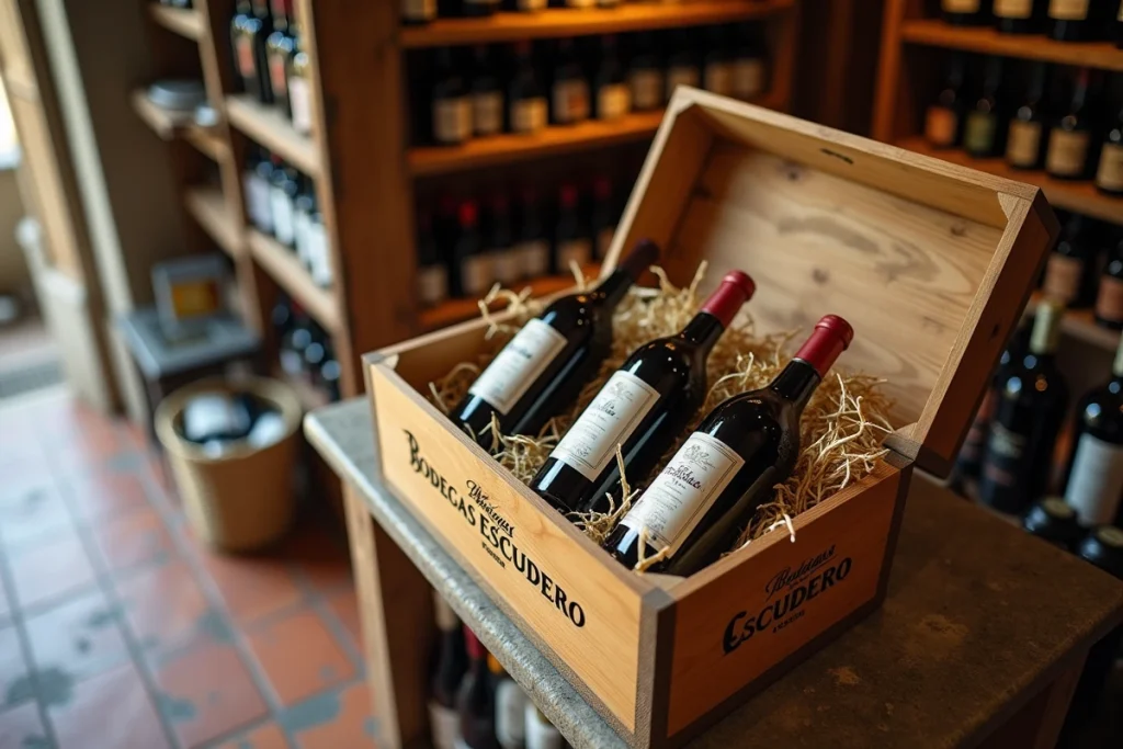 Caisse en bois Escudero ouverte avec bouteilles millésimées et étiquette de prix dans une cave à vins catalane traditionnelle