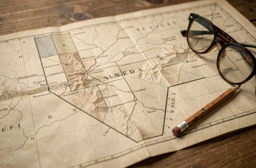 Carte routière vintage du Nevada dépliée sur une table en bois, idéale pour un quiz de géographie