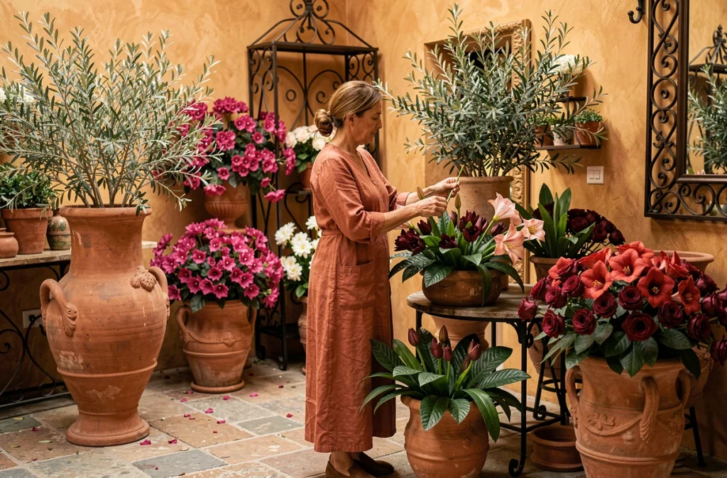 Casa di Fiori avec des arrangements méditerranéens d'oliviers et roses rouges dans des urnes en terre cuite