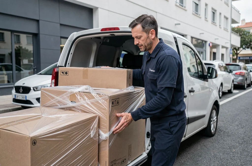 Agent de débarras professionnel chargeant du mobilier de bureau dans une camionnette pour une courte distance à Marseille