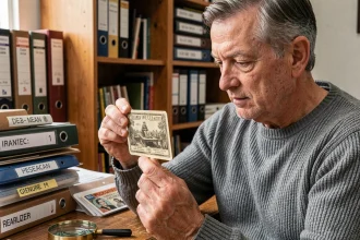 Collectionneur examinant une carte téléphonique française vintage dans son bureau à domicile