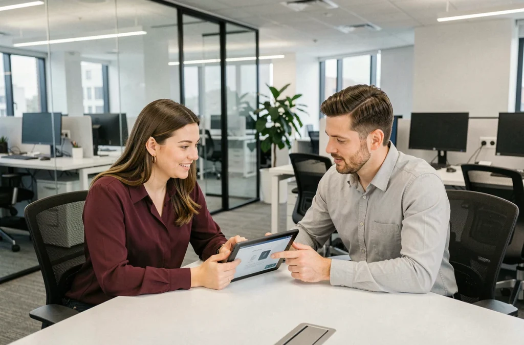 Deux collègues discutant d'avis d'utilisateurs sur une tablette dans un bureau open-space moderne