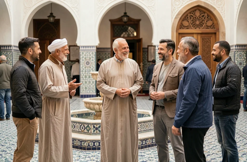 Fidèles discutant dans la cour intérieure de la mosquée de Ris-Orangis après la prière du vendredi