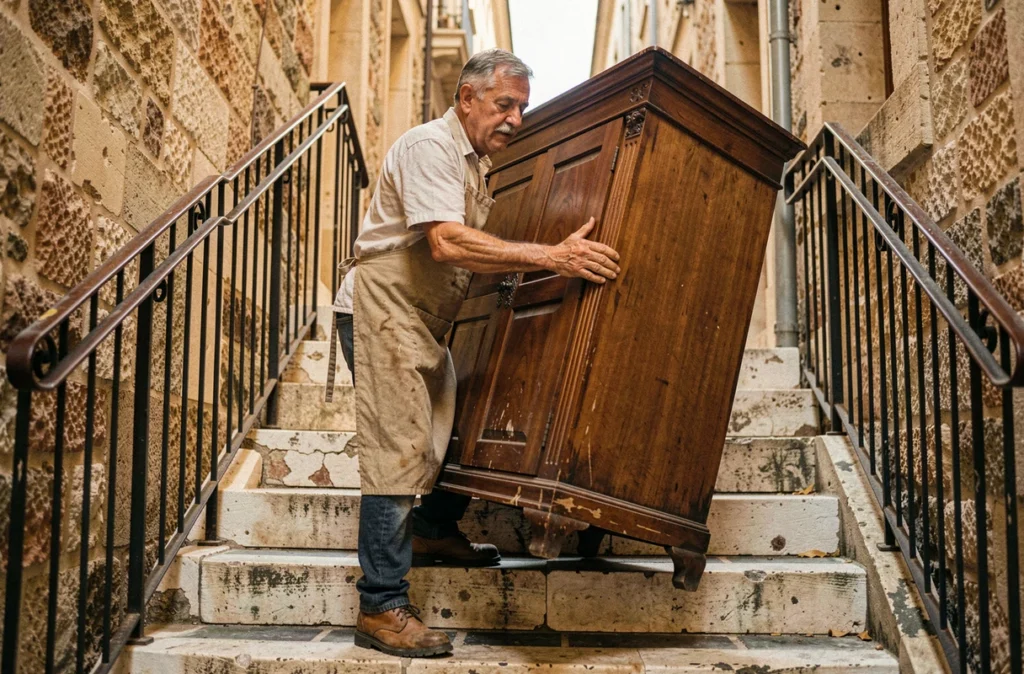 Artisan du débarras portant une armoire ancienne dans un escalier d'un immeuble marseillais