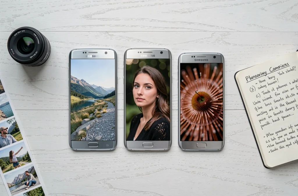 Comparatif de trois modèles Samsung Galaxy posés sur un bureau en bois avec accessoires photo