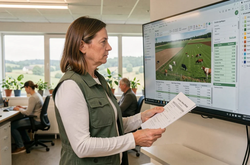 Femme conseillère agricole évaluant une simulation de gestion de ferme sur écran dans une coopérative moderne