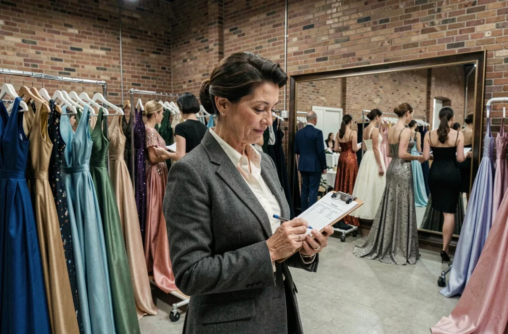 Femme consultant un planning en coulisses d'un défilé de mode entourée de vêtements haute couture, illustrant l'univers professionnel de Ruth Finley