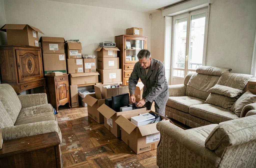 Spécialiste du débarras triant différents types de biens dans un appartement marseillais