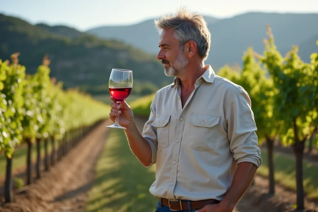 Homme dégustant un verre de vin rouge dans les vignes près de La Jonquera, terroir schisteux des Pyrénées en arrière-plan