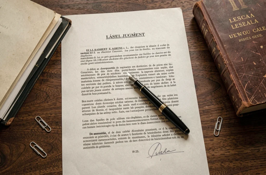 Document de décision judiciaire sur un bureau de magistrat avec stylo plume et code juridique, jugement de débouté