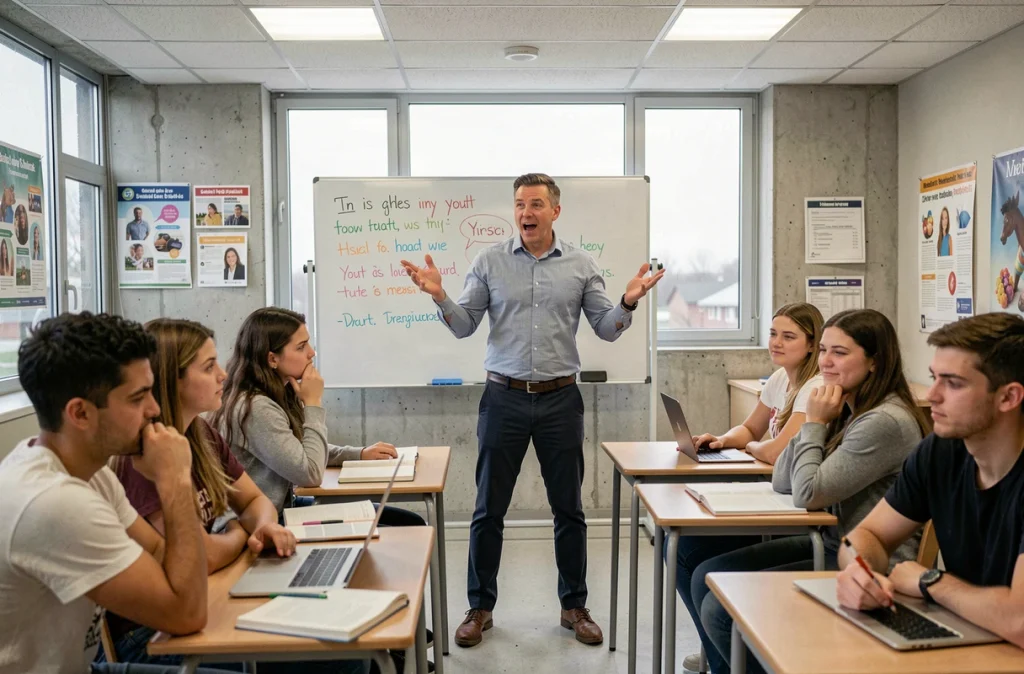 Un enseignant utilisant des expressions jeunes dépassées devant des lycéens qui réagissent avec scepticisme