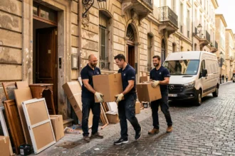 Équipe de débarras professionnel devant un immeuble marseillais avec camion blanc et mobilier à évacuer