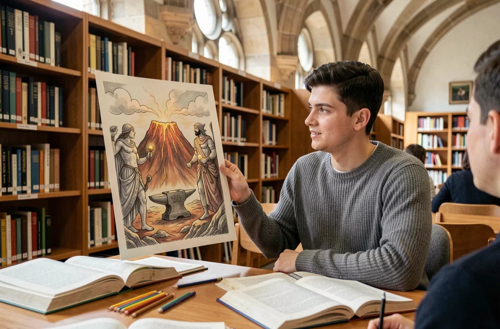 Étudiant présentant un exposé scolaire illustré sur Vulcain dieu romain de la forge en bibliothèque universitaire