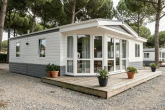 Mobil-home moderne de fabrication française installé sur un camping avec terrasse en bois et grandes baies vitrées