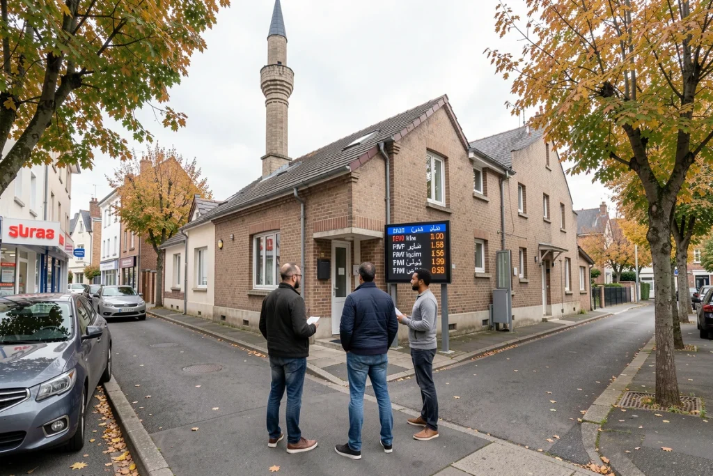Facade d'une mosquée à Mantes-la-Jolie avec panneau des horaires de prière