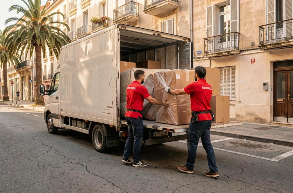 Équipe de déménagement et débarras chargeant des meubles dans un camion devant un immeuble marseillais
