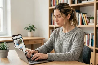 Femme consultant des avis d'utilisateurs sur une plateforme média en ligne depuis son bureau à domicile