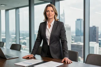 Femme décisive en blazer gris dans une salle de réunion moderne illustrant la personnalité ESTJ MBTI