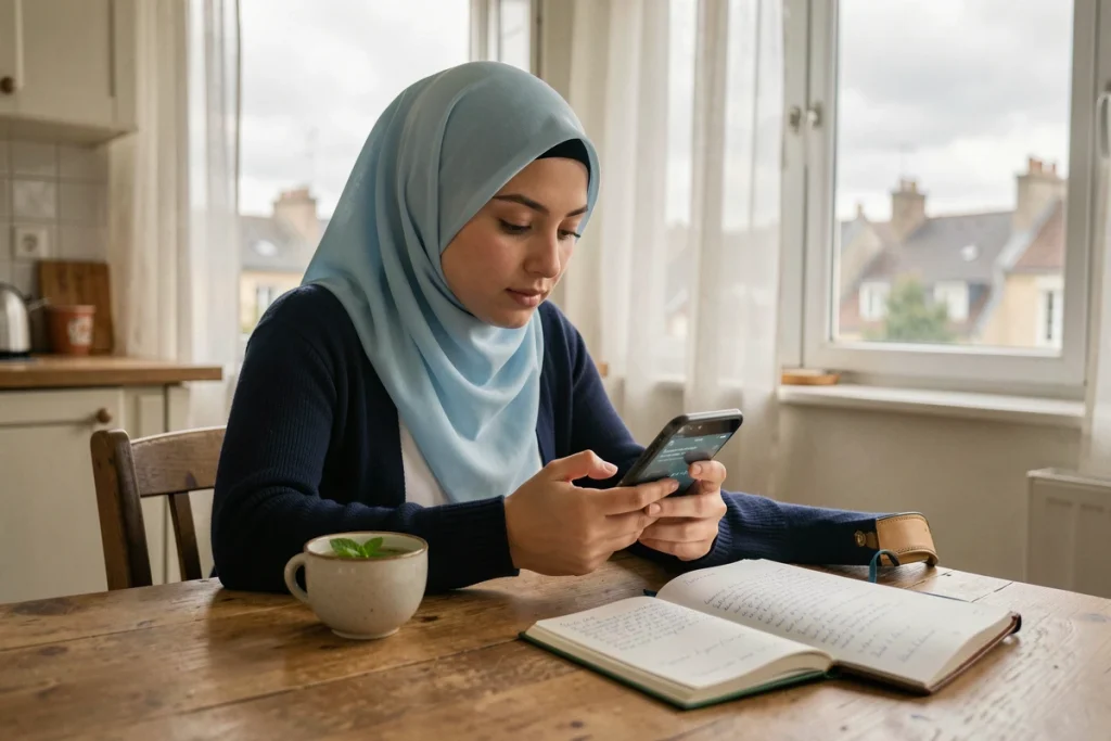 Femme musulmane consultant les horaires de prière sur smartphone à Mantes-la-Jolie