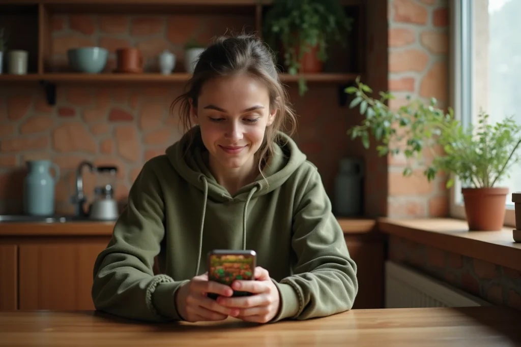 Jeune femme jouant à Hay Day sur smartphone dans une cuisine cosy, concentrée sur la progression de sa ferme virtuelle
