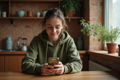 Jeune femme jouant à Hay Day sur smartphone dans une cuisine cosy, concentrée sur la progression de sa ferme virtuelle