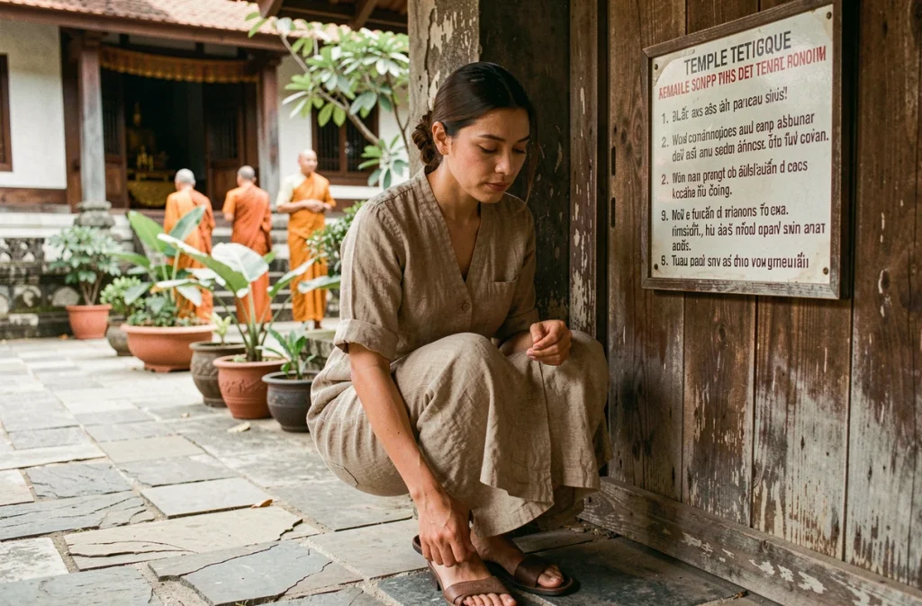 Une femme occidentale retirant ses chaussures à l'entrée d'un monastère bouddhiste en Thaïlande, respectant les règles de conduite affichées à l'entrée du temple