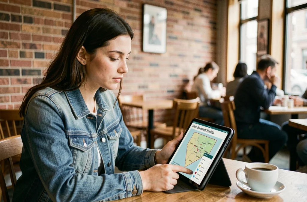 Femme répondant à un quiz géographique sur le Nevada sur une tablette dans un café