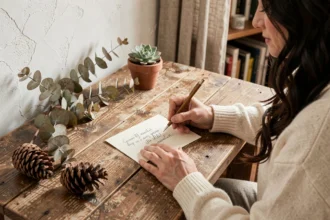 Femme rédigeant une carte de vœux entourée de végétaux naturels et de branches d'eucalyptus séchées sur un bureau en bois rustique