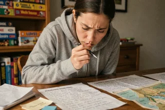 Femme concentrée résolvant une énigme de jeu d'escape room avec des indices sur une table en bois