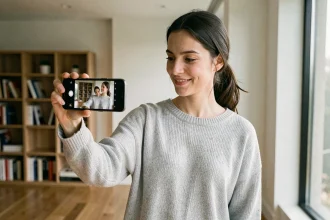 Jeune femme tenant un smartphone Samsung Galaxy et consultant ses photos dans un appartement moderne