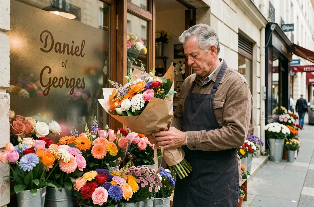 Fleuriste Daniel Georges enveloppant un bouquet de fleurs colorées dans du papier kraft devant sa boutique